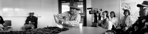 Tommy Attachie talking about Gaayęą's drum in the Doig River First Nation's Meeting Room, 2005.